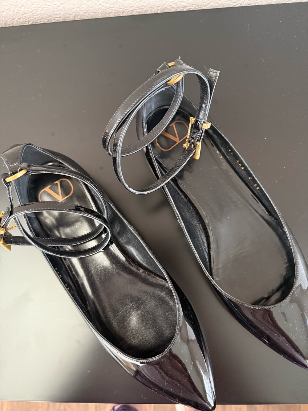 Valentino Garavani Black Patent Leather Pointed Ankle-Strap Flats